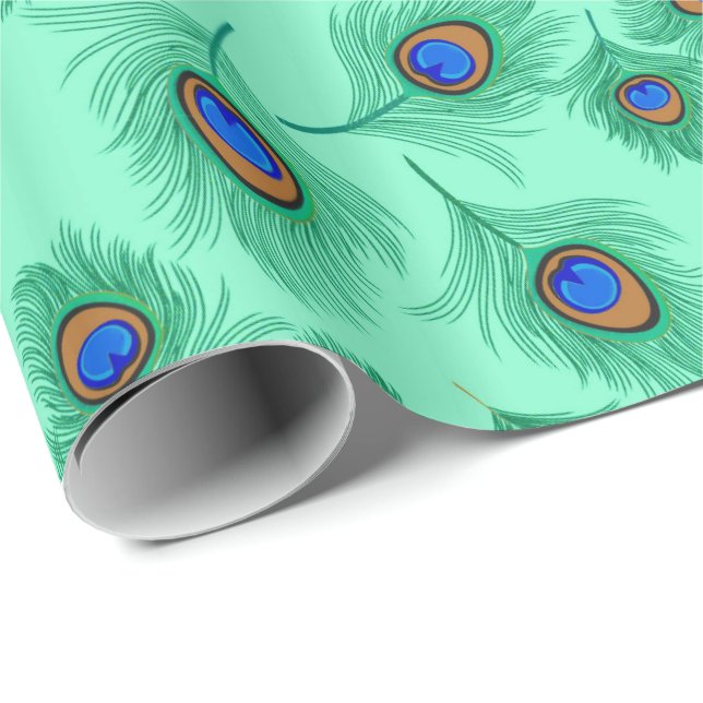 Turquoise Peacock Feathers on Light Aqua Wrapping Paper (Roll Corner)