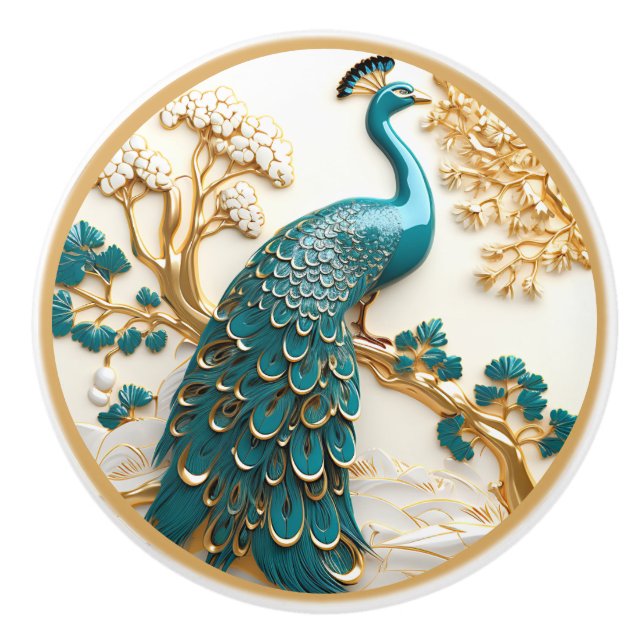 Turquoise Peacock Gold Branch White Flowers Ceramic Knob (Front)