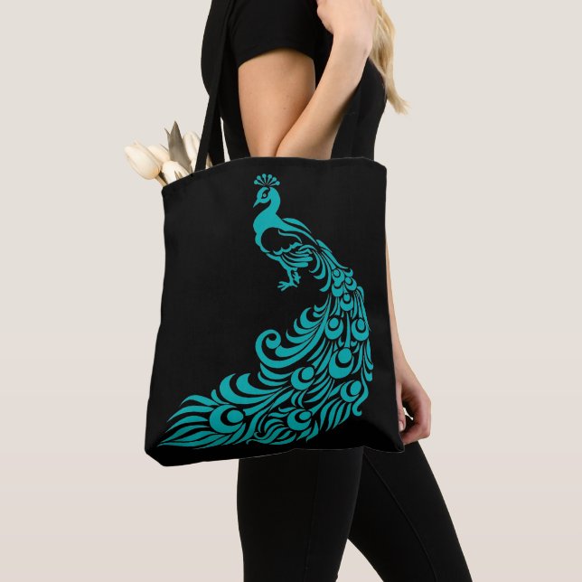 Turquoise Peacock Silhouette Sac fourre-tout noir (De près)
