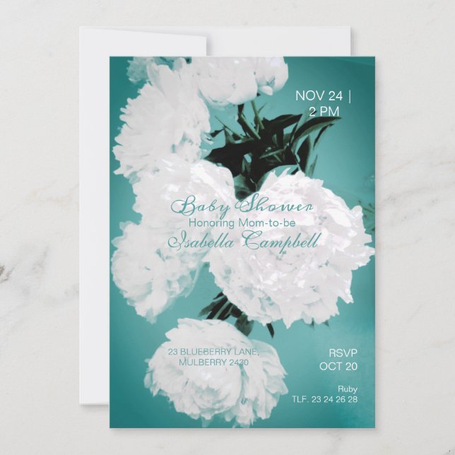 Turquoise Peonies Flowers Elegant Baby Shower Invitation (Front)