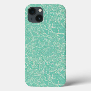 Turquoise Peony Pattern iPhone 13 Case
