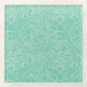Turquoise Peony Pattern Glass Coaster