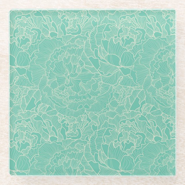 Turquoise Peony Pattern Glass Coaster (Front)