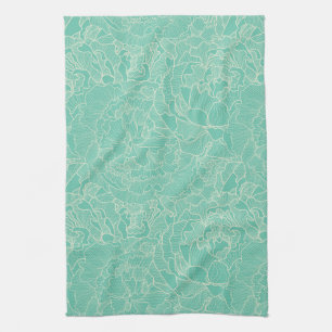 Turquoise Peony Pattern Kitchen Towel