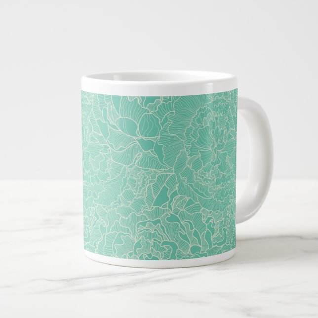 Turquoise Peony Pattern Large Coffee Mug (Front Right)