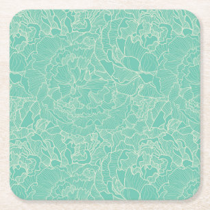 Turquoise Peony Pattern Square Paper Coaster