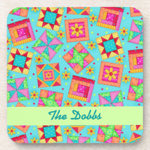 Turquoise Personalize Quilt Block Art Cork Coaster