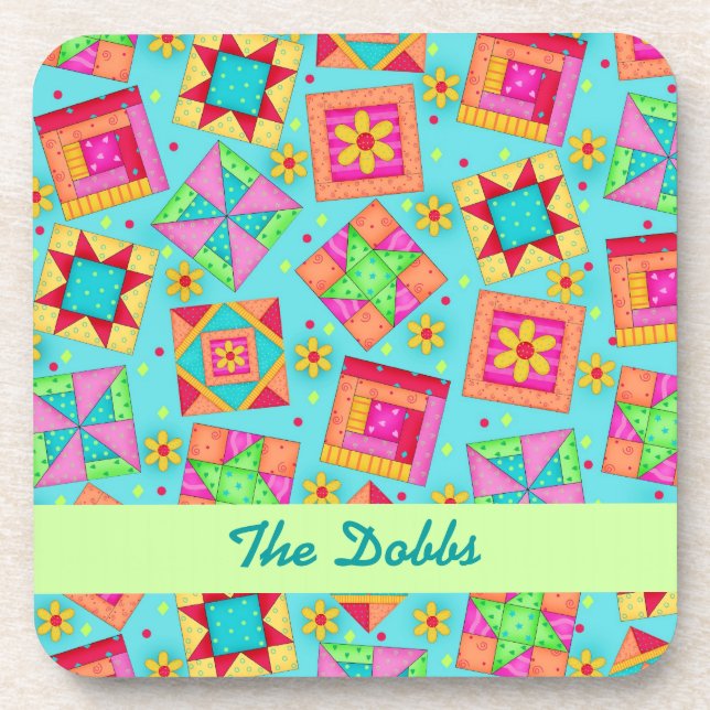 Turquoise Personalize Quilt Block Art Cork Coaster (Front)