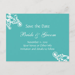 Turquoise Personalized Flourish Save the Date Announcement Postcard