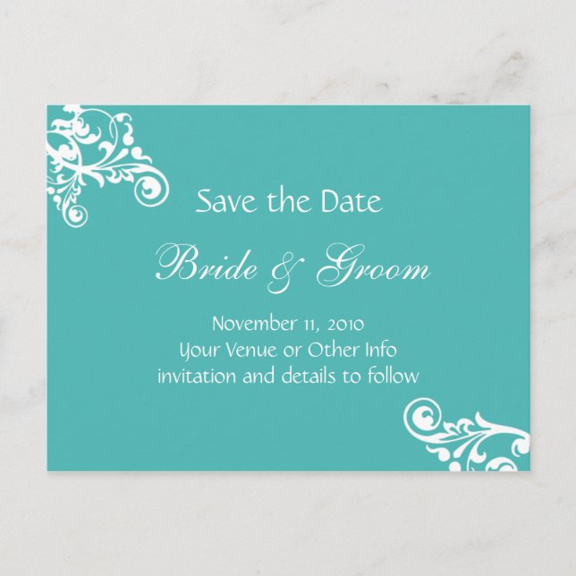 Turquoise Personalized Flourish Save the Date Announcement Postcard (Front)