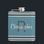 Turquoise Personalized Monogram Name Initial Drink Hip Flask<br><div class="desc">Single Initial & Name Monogrammed stainless steel flasks are timeless, classic and stylish. Our Unique design is the perfect personalized gift for that special occasion. Shop our integrated collection of coordinating colours and golf - sports accessories. Custom personal monogrammed initial and name combination is added to a turquoise and grey...</div>