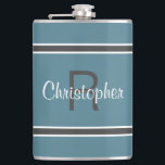 Turquoise Personalized Monogram Name Initial Drink Hip Flask<br><div class="desc">Single Initial & Name Monogrammed stainless steel flasks are timeless, classic and stylish. Our Unique design is the perfect personalized gift for that special occasion. Shop our integrated collection of coordinating colours and golf - sports accessories. Custom personal monogrammed initial and name combination is added to a turquoise and grey...</div>