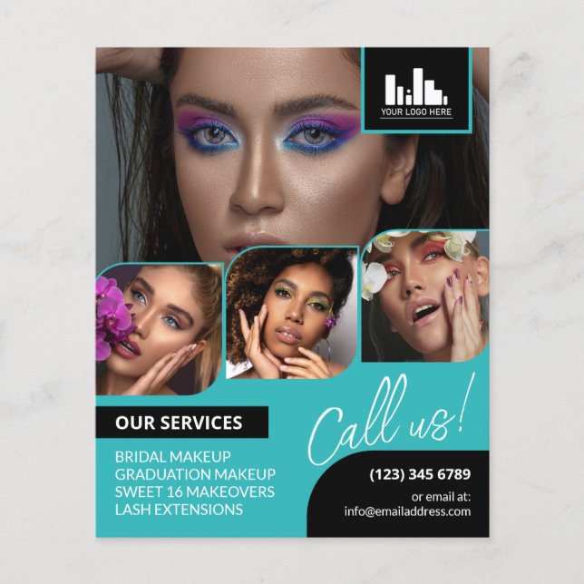 Turquoise Photo Collage Logo QR Makeup Promotional Flyer (Front)