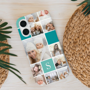 Turquoise Photo Collage & Monogram iPhone 16 Case
