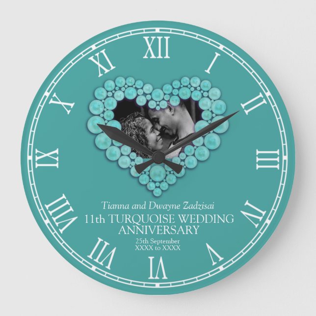 Turquoise photo heart 11th wedding anniversary large clock (Front)