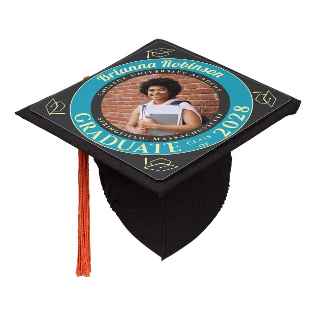 Turquoise Photo Modern Graduation Cap Topper (Angled)