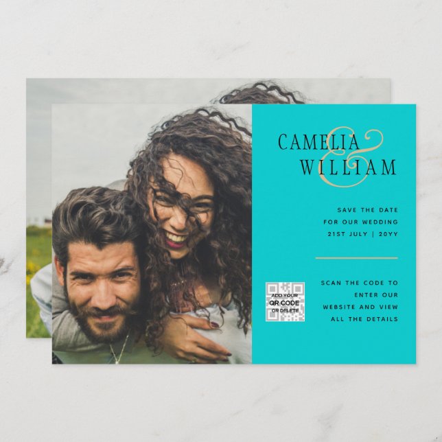 Turquoise Photo Wedding Invite QR Code Save Date (Front/Back)