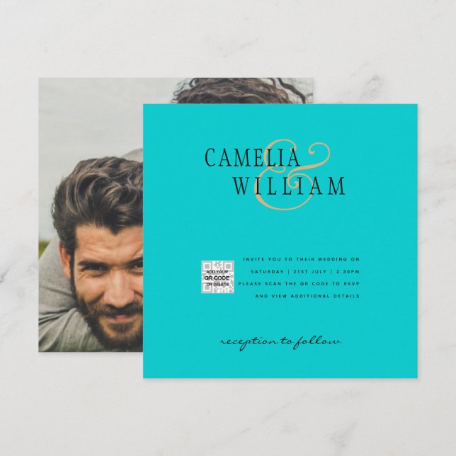 Turquoise Photo Wedding Invite QR Code Save Date (Front/Back)