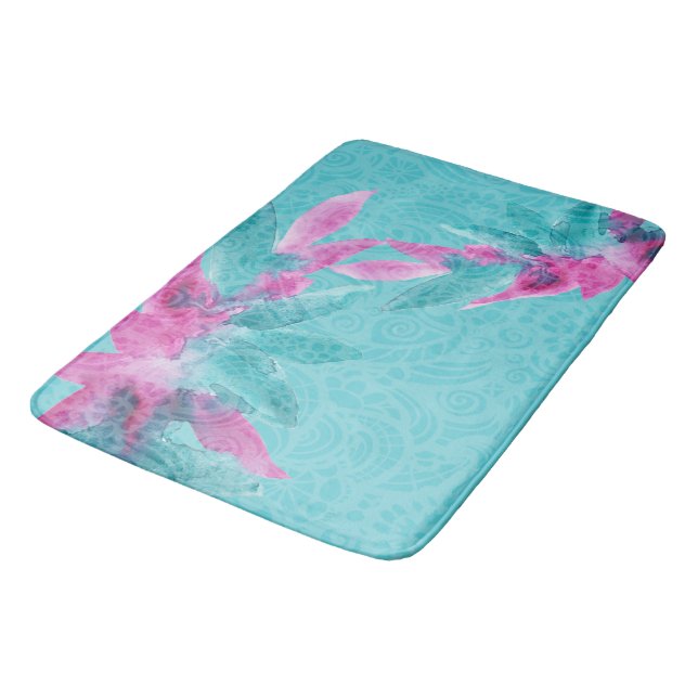 Turquoise Pink Abstract Hawaiian Flowers Bath Mat (Angled)