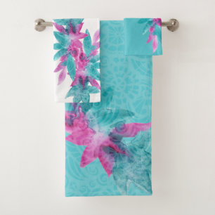 Turquoise Pink Abstract Hawaiian Flowers Bath Towel Set