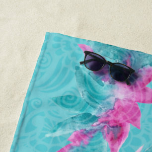 Turquoise Pink Abstract Hawaiian Flowers Beach Towel