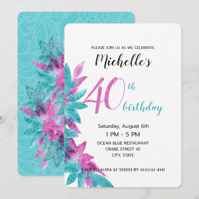 Turquoise Pink Abstract Hawaiian Flowers Invitation (Front/Back)
