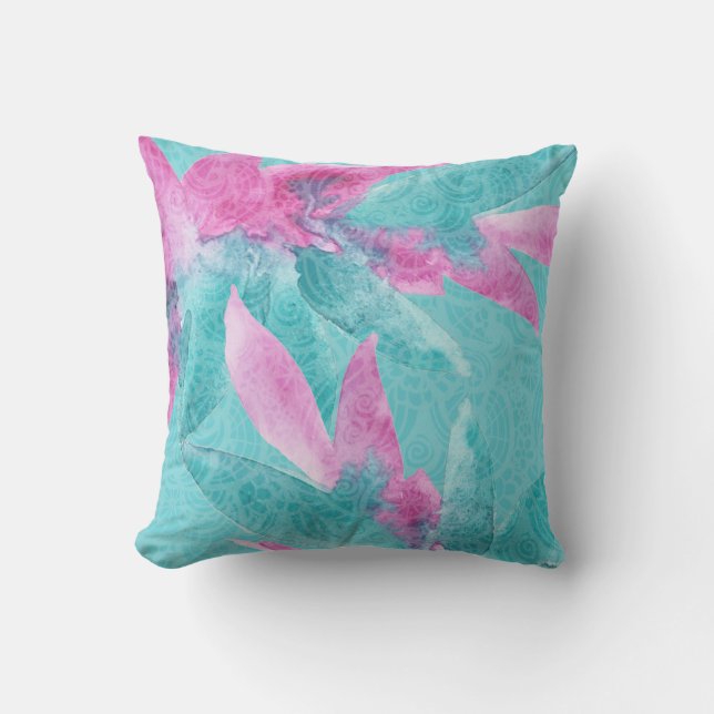 Turquoise Pink Abstract Hawaiian Flowers Outdoor Pillow (Front)
