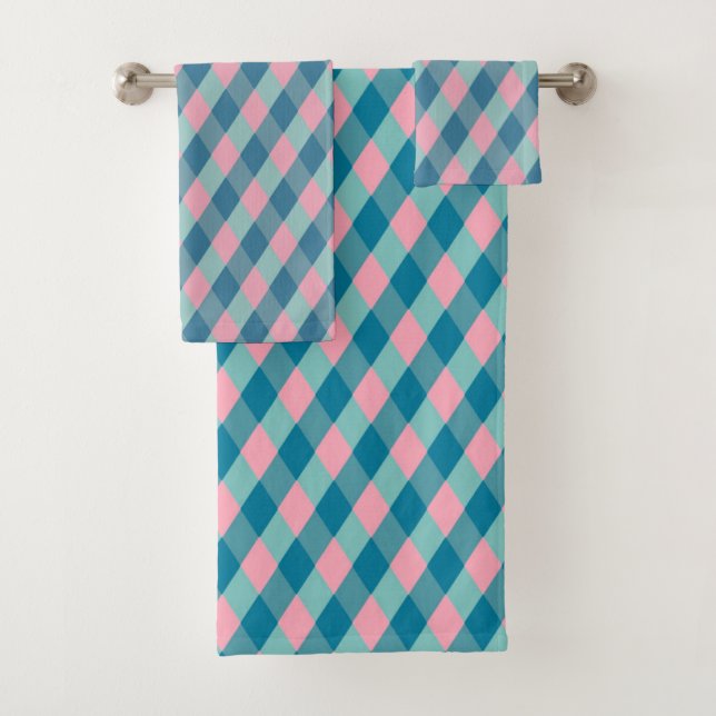 Turquoise & pink Argyle Pattern Bath Towel Set (Insitu)