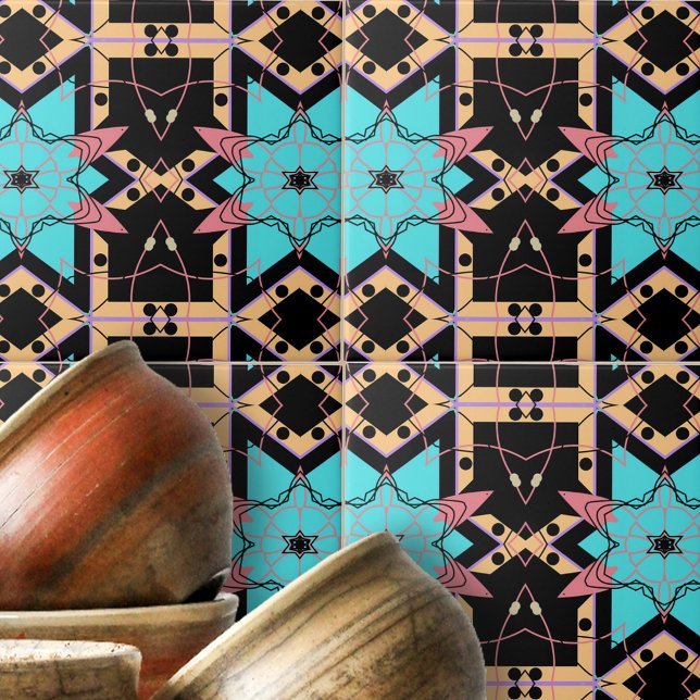 Turquoise Pink Black Mosaic Geometric Pattern Tile (Creator Uploaded)