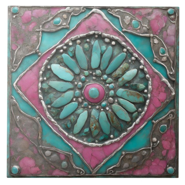 Turquoise & Pink Boho Mosaic Mandala Artwork Tile (Front)