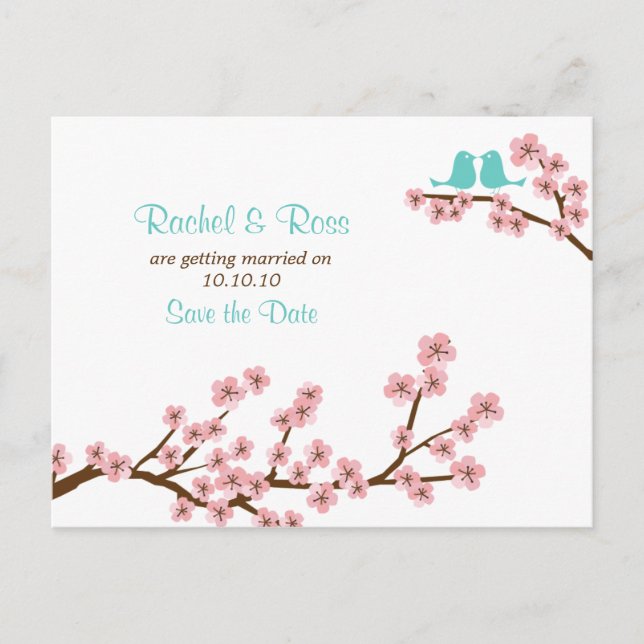 Turquoise & Pink Cherry Blossom Save the Date Announcement Postcard (Front)