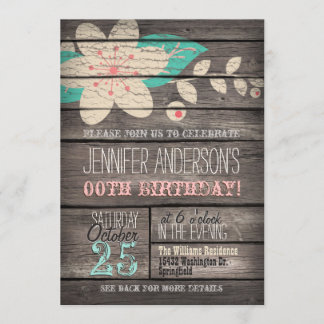 Turquoise, Pink Flower, Rustic Adult Teen Birthday Invitation