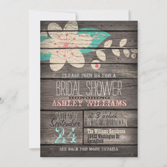 Turquoise, Pink Flower; Rustic Wood Bridal Shower Invitation (Front)