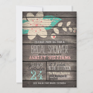 Turquoise, Pink Flower; Rustic Wood Bridal Shower Invitation