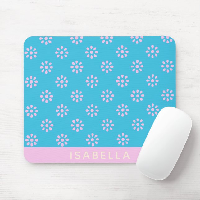 Turquoise Pink Flowers Boho Pattern Personalized Mouse Pad (With Mouse)