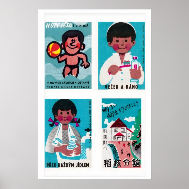 Turquoise & Pink Matchbox Labels Grid Print (Front)