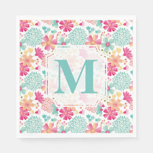 Turquoise Pink Painted Floral monogram Napkins (Front)