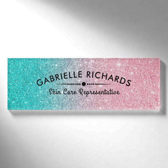 Turquoise & Pink Sparkling Faxu Glitter Name Tag (Front)