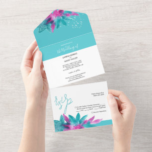 Turquoise Pink Tropical Abstract Flowers All In One Invitation