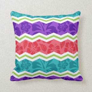 Turquoise, Pink, Violet Purple, and Green Tropical Throw Pillow