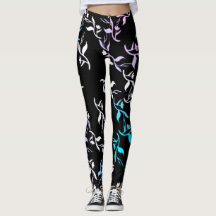 Turquoise Pink White Leaves Pattern Leggings