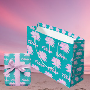 Turquoise Pink White Palm Aloha Tropical Large Gift Bag