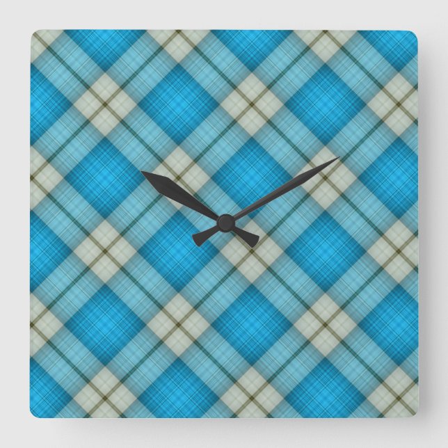 Turquoise Plaid Pattern Square Wall Clock (Front)