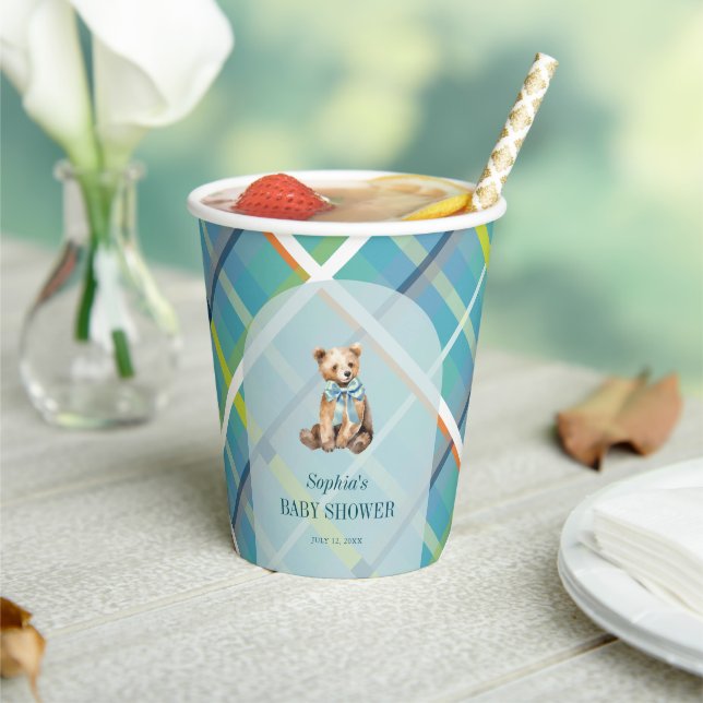 Turquoise Plaid Teddy Bear Baby Shower Paper Cups (Insitu)