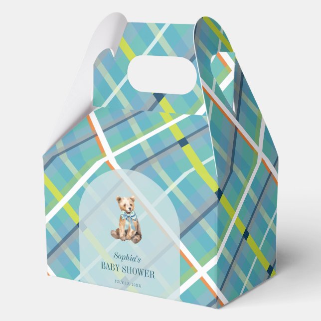 Turquoise Plaid Teddy Bear Boy Baby Shower Favor Box (Front)