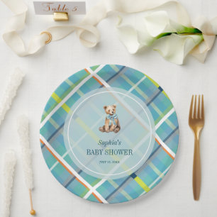 Turquoise Plaid Teddy Bear Boy Baby Shower Paper Plate