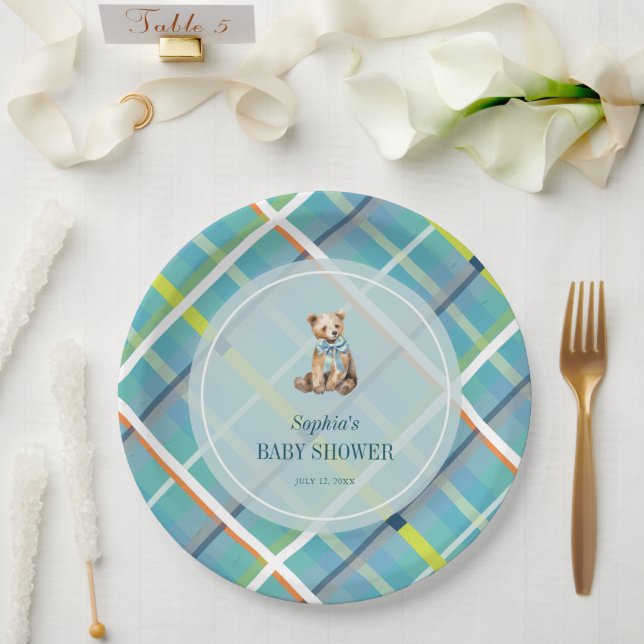 Turquoise Plaid Teddy Bear Boy Baby Shower Paper Plate (Wedding)