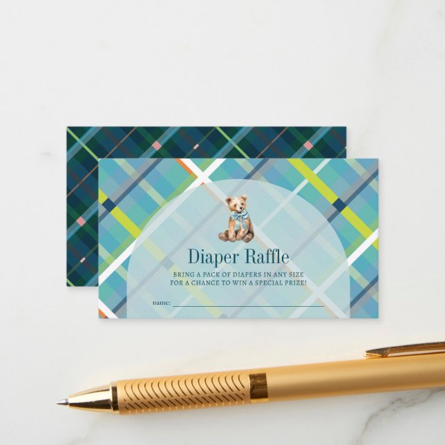 Turquoise Plaid Teddy Bear Diaper Raffle Ticket Enclosure Card (Front/Back In Situ)