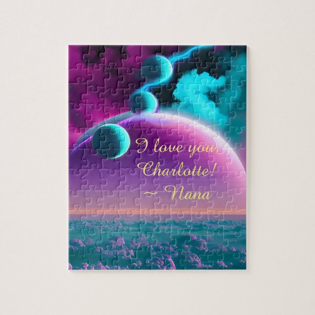 Turquoise Planets Orbit Purple Magical Space Dream Jigsaw Puzzle (Vertical)