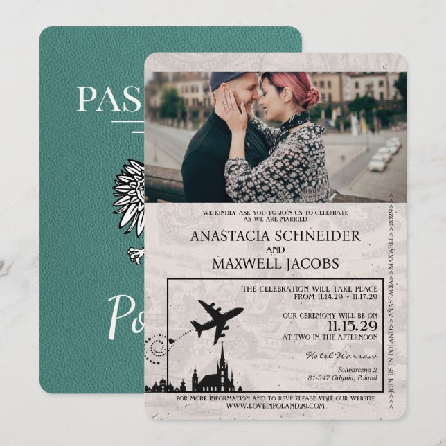 Turquoise Poland Passport Wedding Invitation (Front/Back)